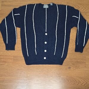 LORD & TAYLOR Hand Knit Cable Cardigan Navy Chunky Cotton Sweater M